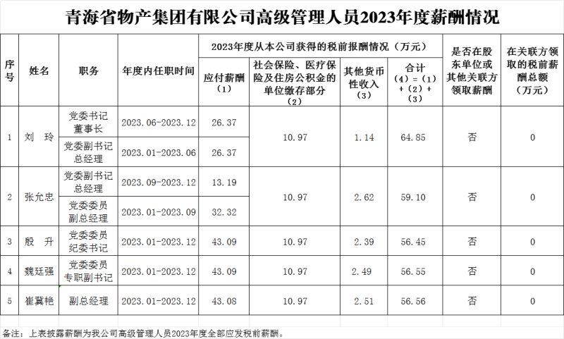 2023年度集团高级管理人员薪酬信息披露